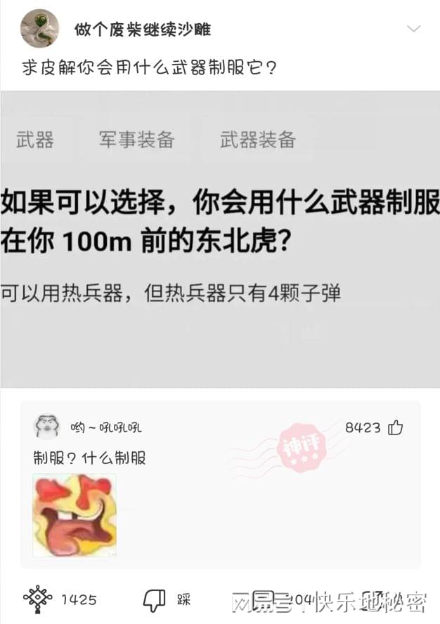 神回复：你会用什么武器制服在你100米前的东北虎？