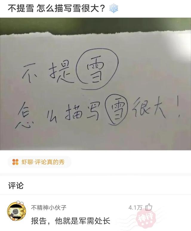网友的神评论:不提雪,怎么形容雪很大。 看到评论我哭了 致敬 网友的神评论:不提雪,怎么形容雪很大。 看到评论我哭了 致敬