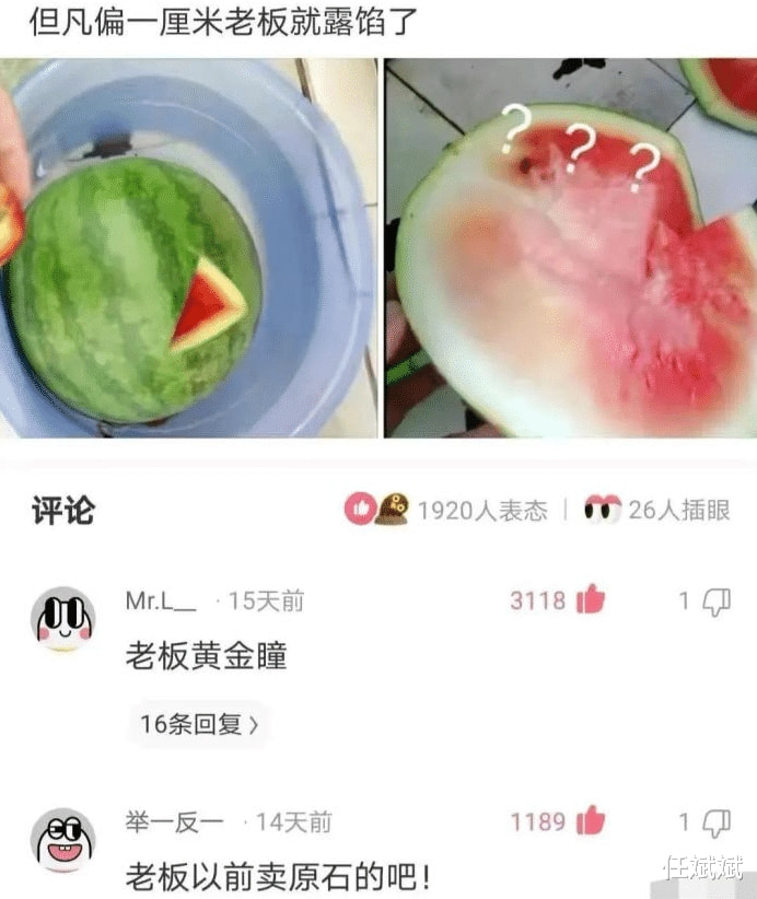 “这西瓜但凡偏一厘米,老板也露馅了!”好技术啊!哈哈哈 “这西瓜但凡偏一厘米,老板也露馅了!”好技术啊!哈哈哈