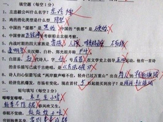 有关一个孩子的考卷。
