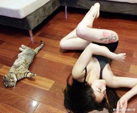 ＂女朋友在家太无聊了，cos起猫咪的动作，还挺像的！＂啊哈哈哈哈