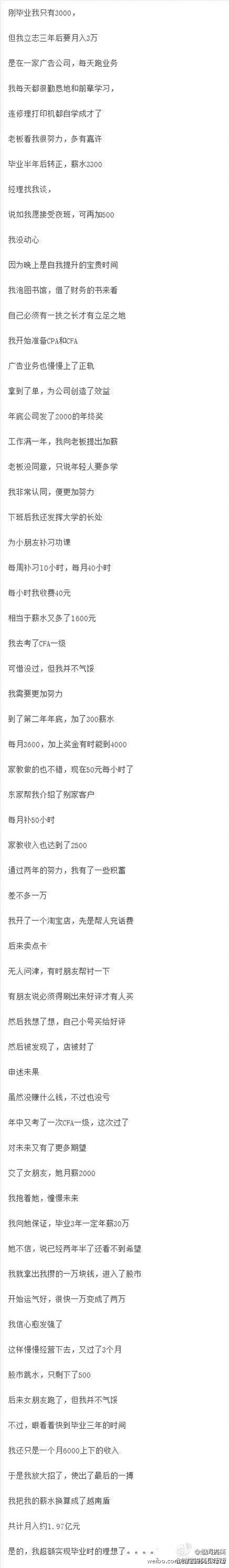 屌丝从毕业时的月入3000到三年后亿万身家的精彩励志之旅