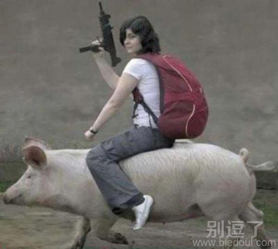 骑在猪背上的人。
