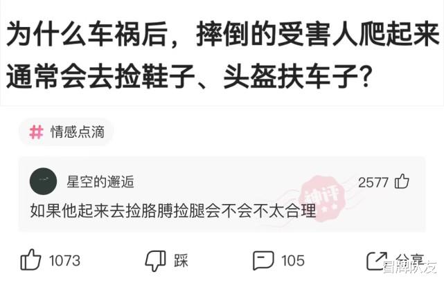 神回复:为什么车祸后,摔倒的受害人爬起来通常会去捡鞋子、头盔扶车子? 神回复:为什么车祸后,摔倒的受害人爬起来通常会去捡鞋子、头盔扶车子?