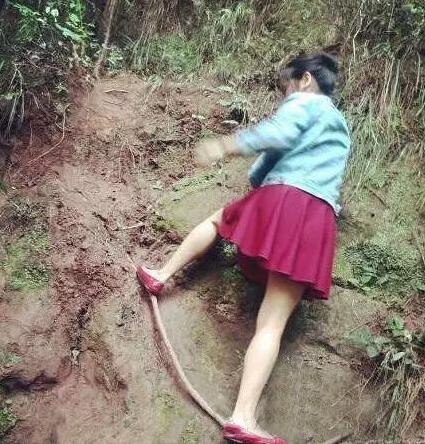 妹纸恶搞图穿这身爬山不大合适吧。。